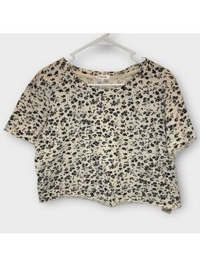Kensie Black White Floral Short Sleeve Crop Top Large